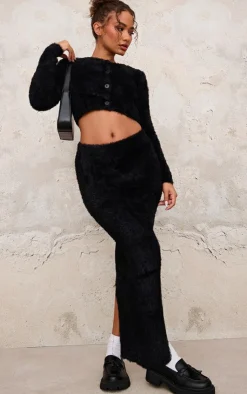 Outlet PrettyLittleThing Petite Fluffy Knit Low Waist Maxi Skirt Black