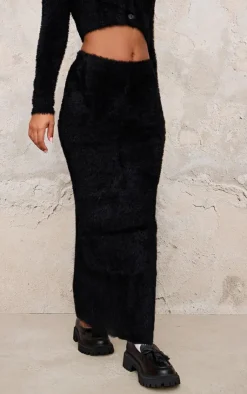 Outlet PrettyLittleThing Petite Fluffy Knit Low Waist Maxi Skirt Black