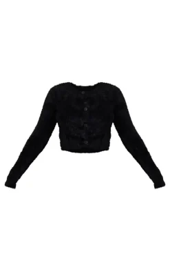 New PrettyLittleThing Petite Fluffy Knit Cropped Cardigan Black