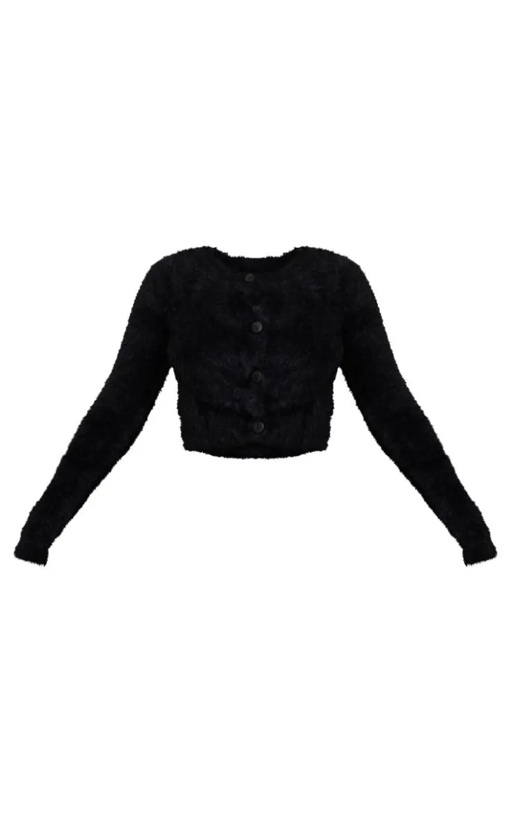 New PrettyLittleThing Petite Fluffy Knit Cropped Cardigan Black