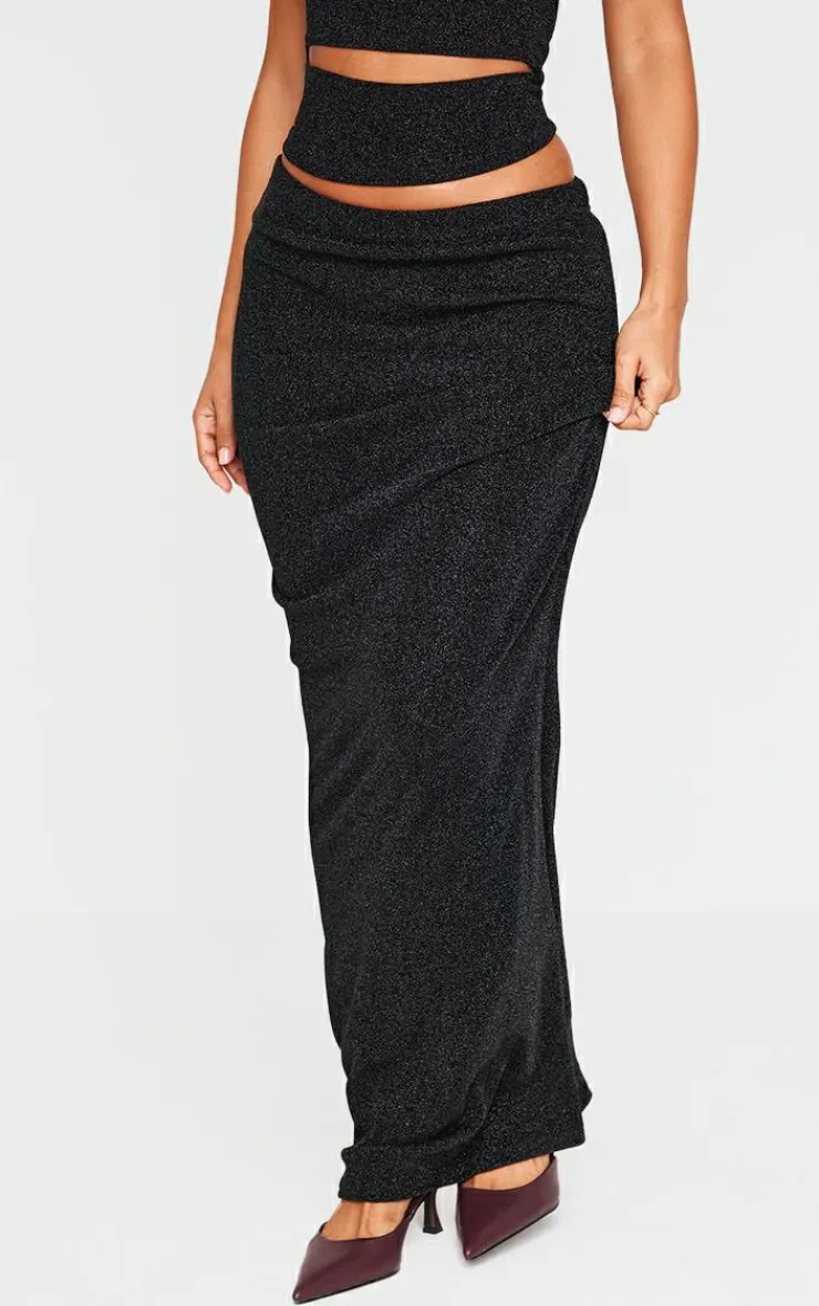 Discount PrettyLittleThing Petite Glitter Maxi Skirt Black