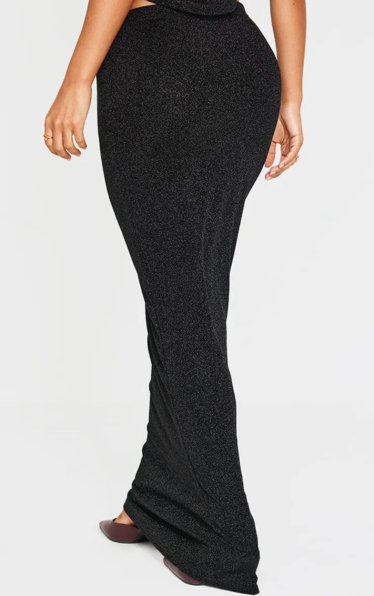 Discount PrettyLittleThing Petite Glitter Maxi Skirt Black