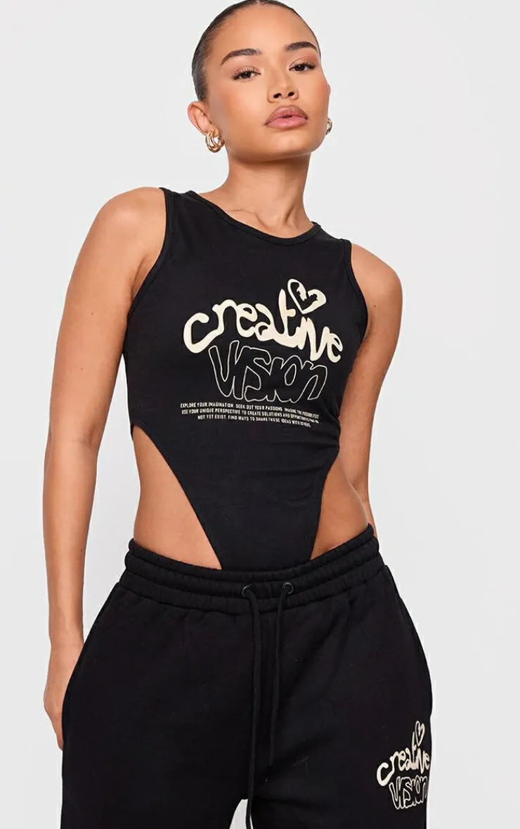 Online PrettyLittleThing Petite Graphic Detail High Cut Bodysuit Black