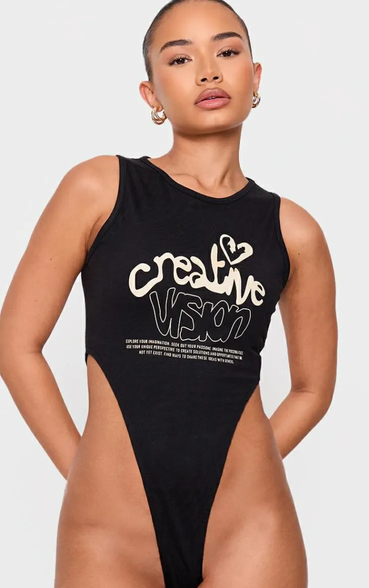 Online PrettyLittleThing Petite Graphic Detail High Cut Bodysuit Black