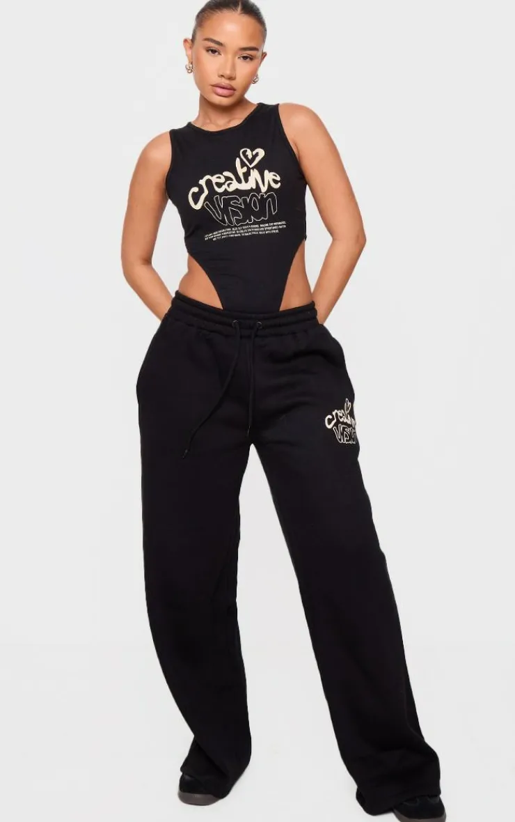 Online PrettyLittleThing Petite Graphic Detail High Cut Bodysuit Black