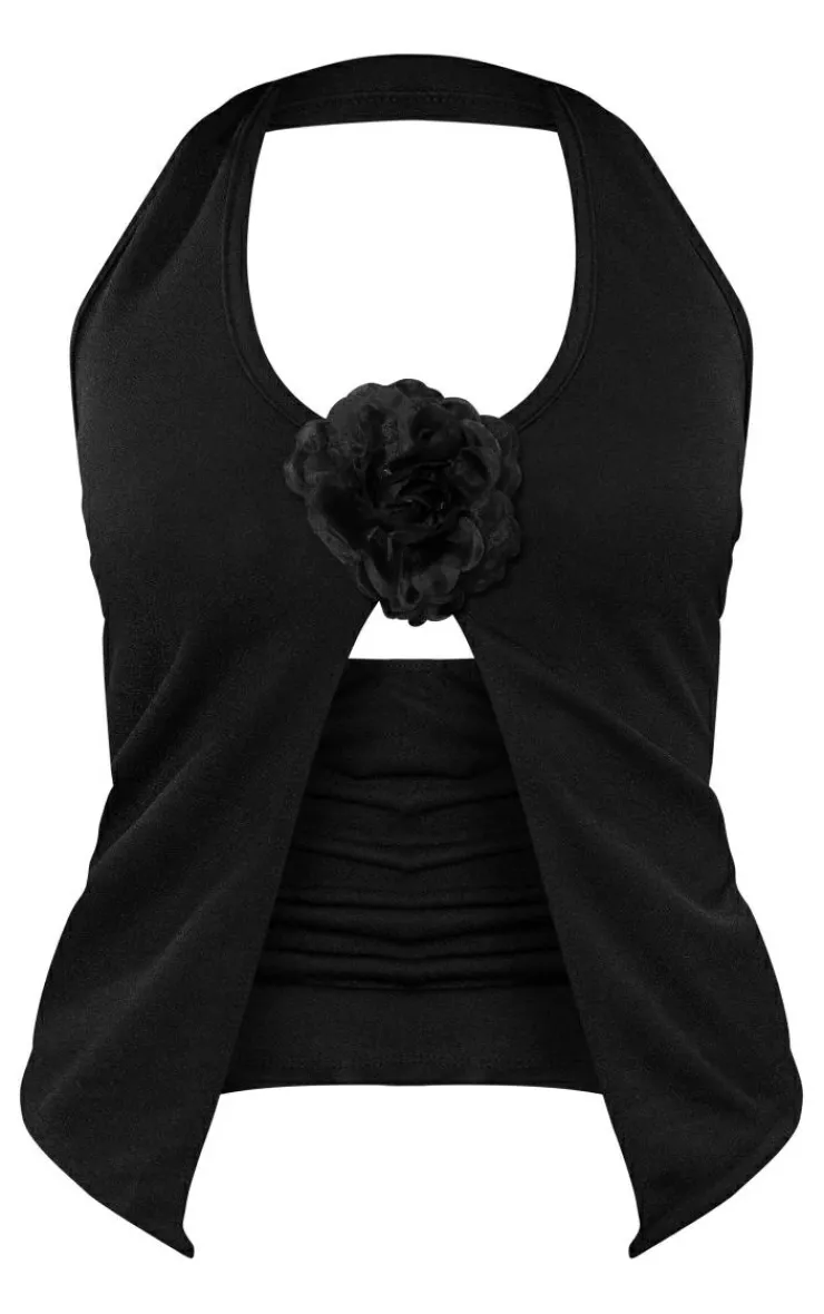 Petite Halterneck Open Crop Top With Rose Detail-PrettyLittleThing Best