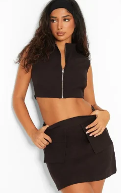 Discount PrettyLittleThing Petite High Neck Linen Look Top Black