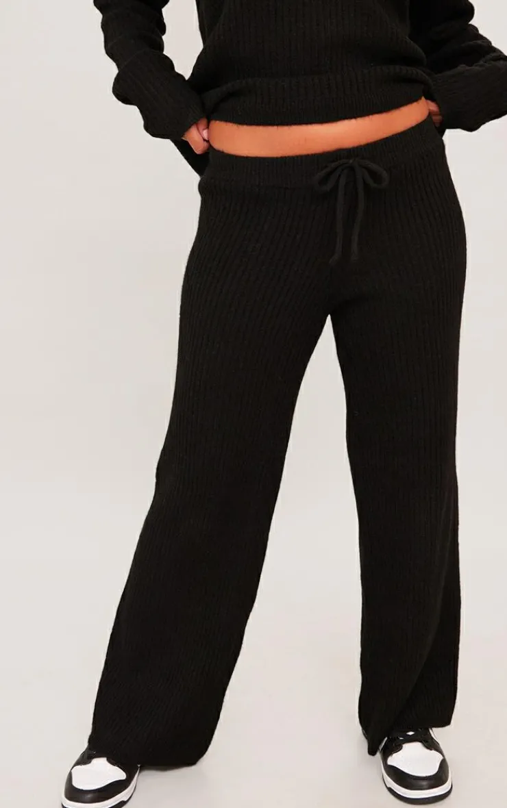 Sale PrettyLittleThing Petite Knit Wide Leg Pants Black