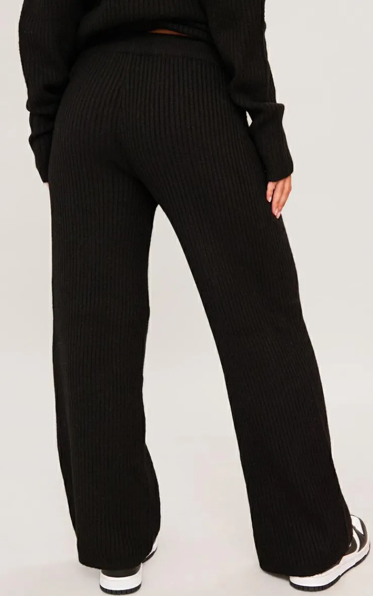 Sale PrettyLittleThing Petite Knit Wide Leg Pants Black