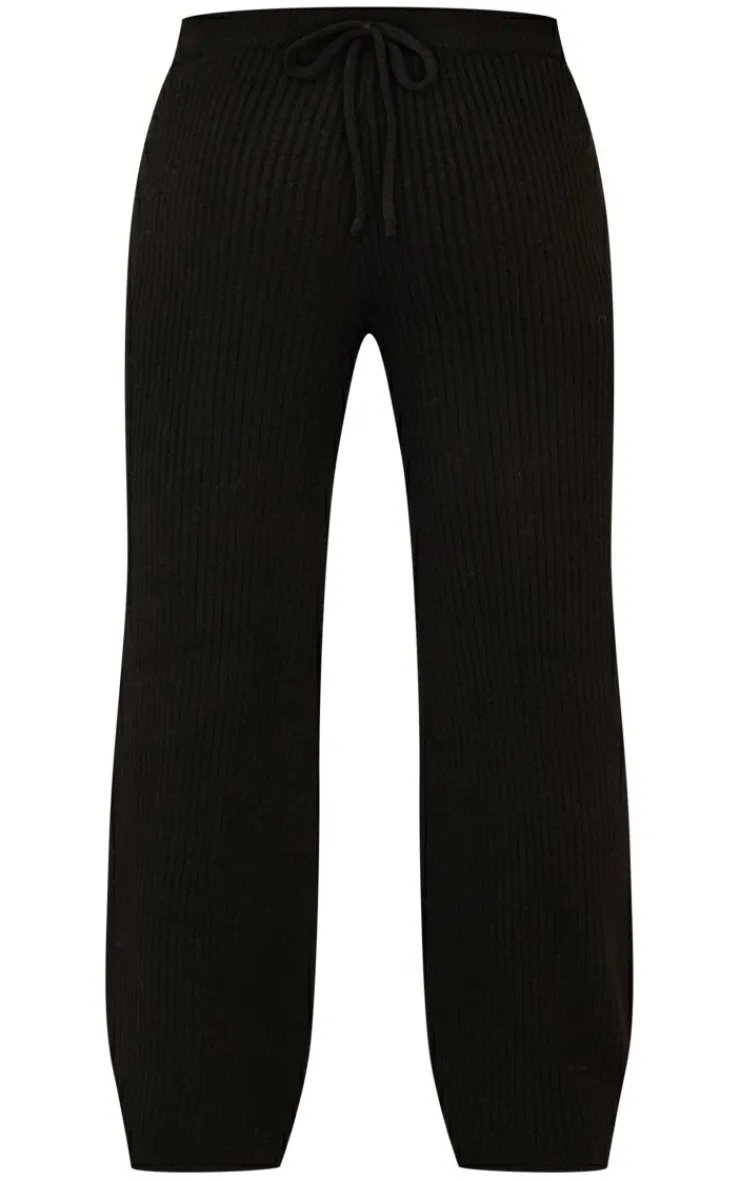 Sale PrettyLittleThing Petite Knit Wide Leg Pants Black