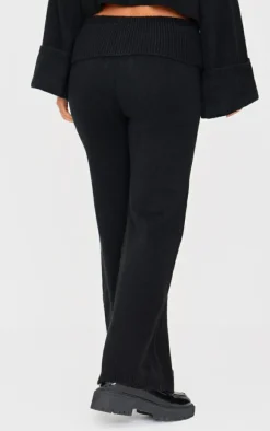 Petite Black Knitted Fold Over Flare Pants