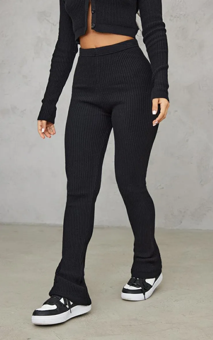 Outlet PrettyLittleThing Petite Knitted Rib High Waisted Skinny Flares Black