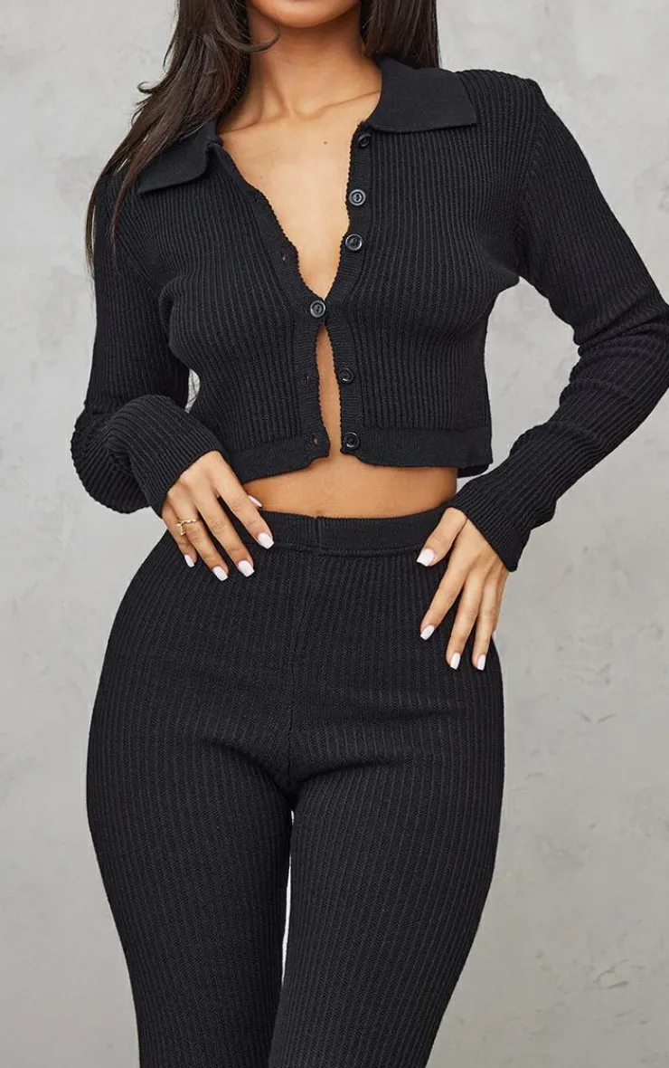 Outlet PrettyLittleThing Petite Knitted Rib High Waisted Skinny Flares Black