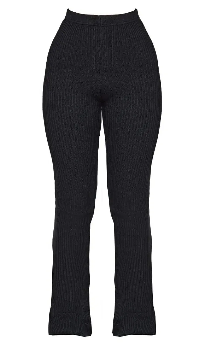 Outlet PrettyLittleThing Petite Knitted Rib High Waisted Skinny Flares Black