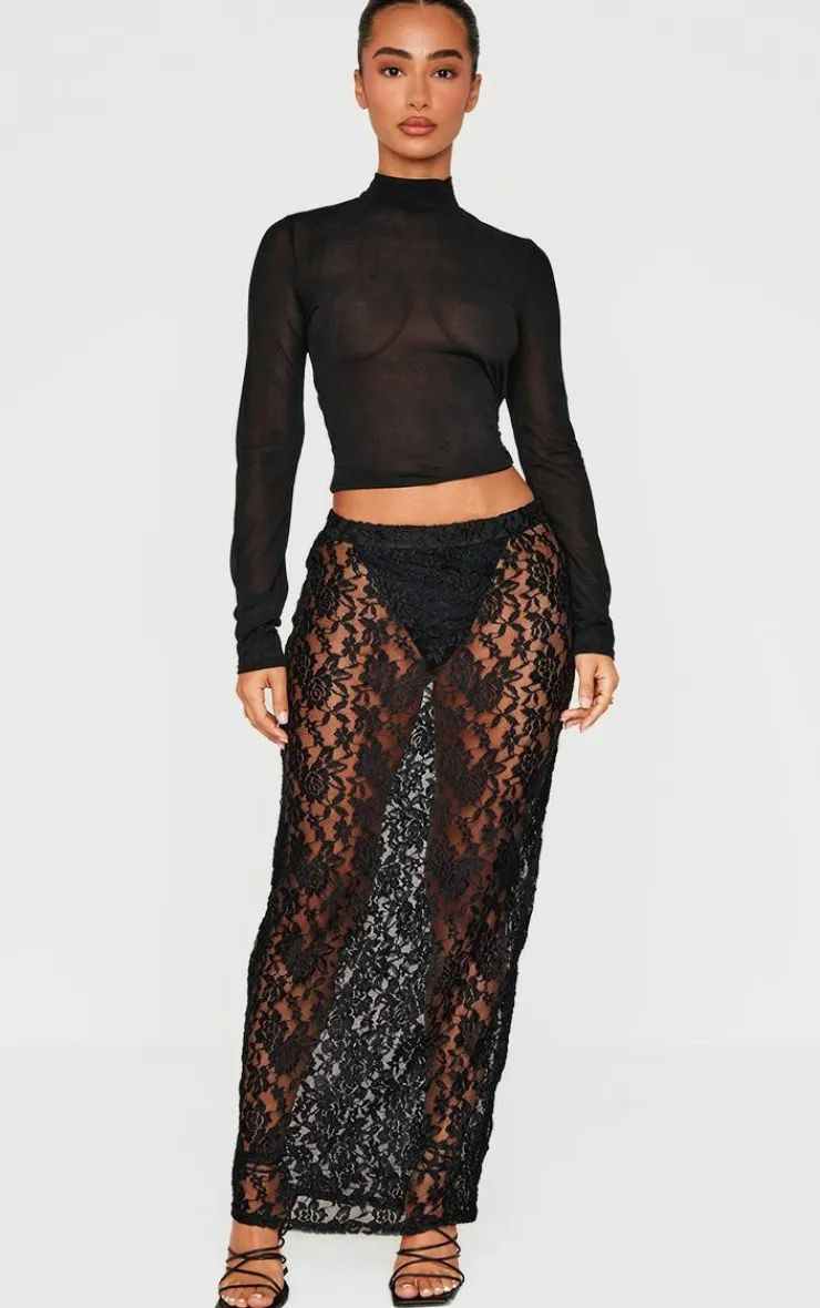 New PrettyLittleThing Petite Lace Maxi Skirt Black