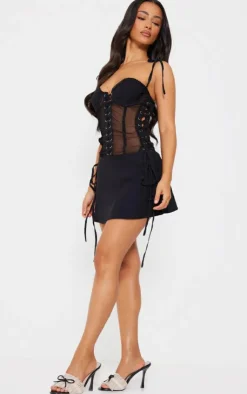 Petite Mesh Corset Lace-up Fitted Mini Dress-PrettyLittleThing Outlet
