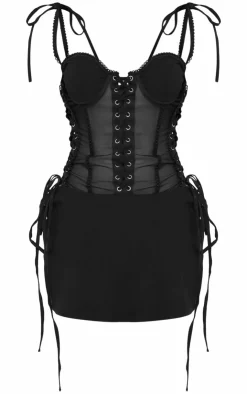 Petite Mesh Corset Lace-up Fitted Mini Dress-PrettyLittleThing Outlet