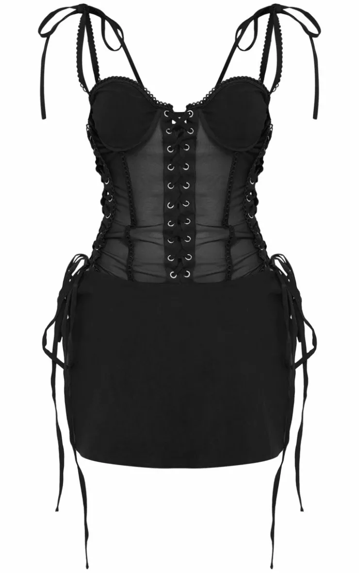 Petite Mesh Corset Lace-up Fitted Mini Dress-PrettyLittleThing Outlet