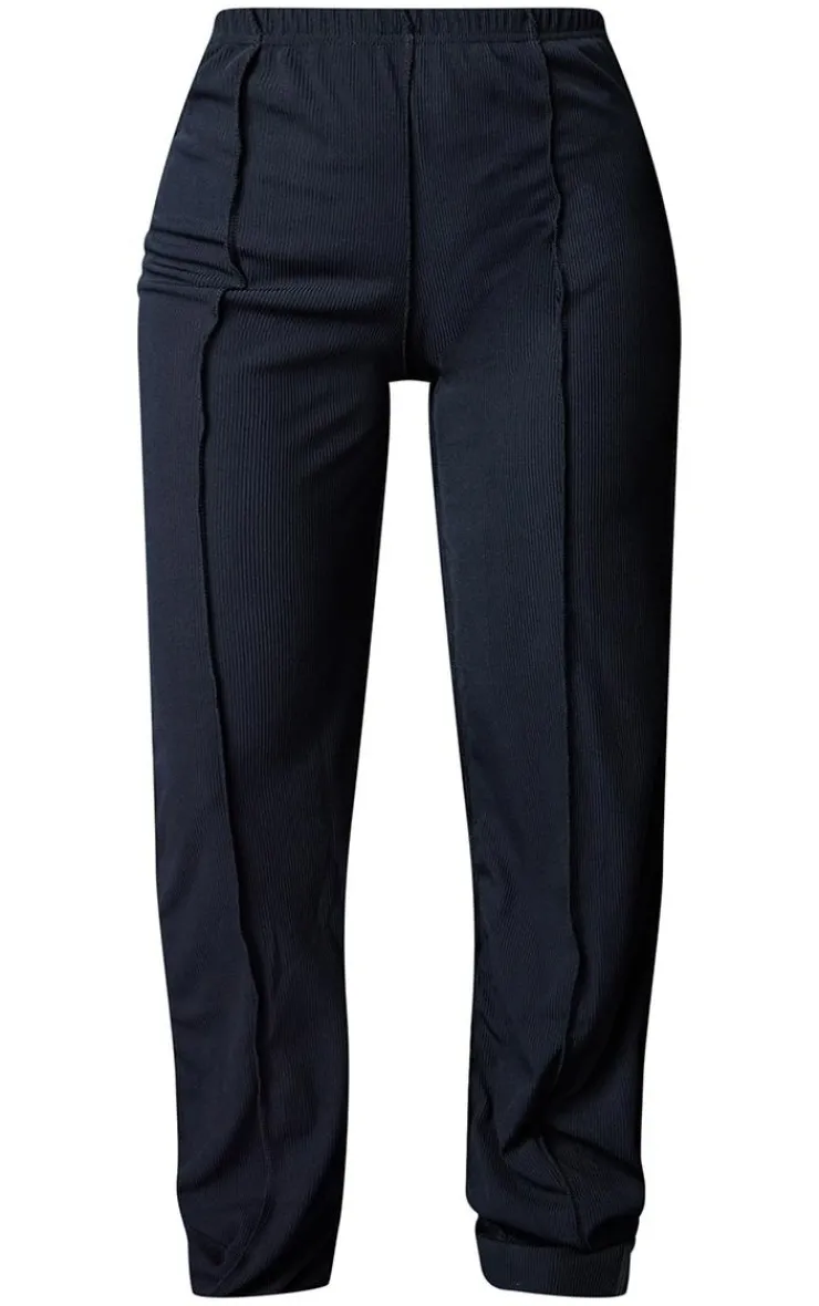 Outlet PrettyLittleThing Petite Ribbed Seam Detail High Waisted Wide Leg Pants Black