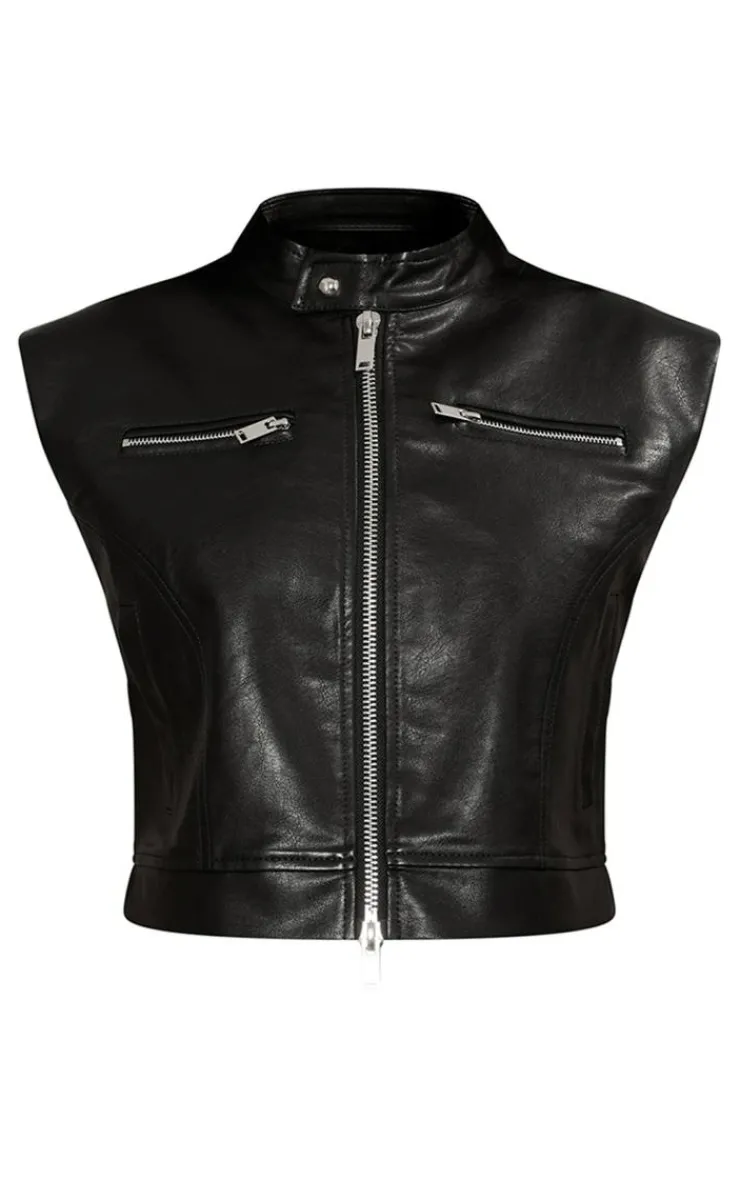 PrettyLittleThing Faux Leather Jackets*Petite Sleeveless Collared Faux Leather Vest