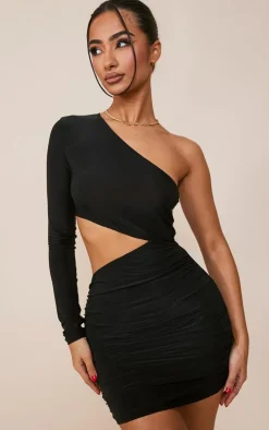 Petite Slinky One Shoulder Waist Cut Out Ruched Bodycon Dress-PrettyLittleThing Sale