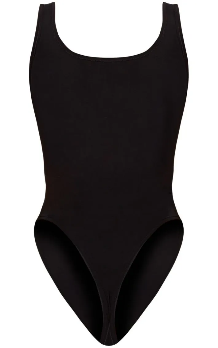 Petite Black Slinky Square Neck Thong Bodysuit