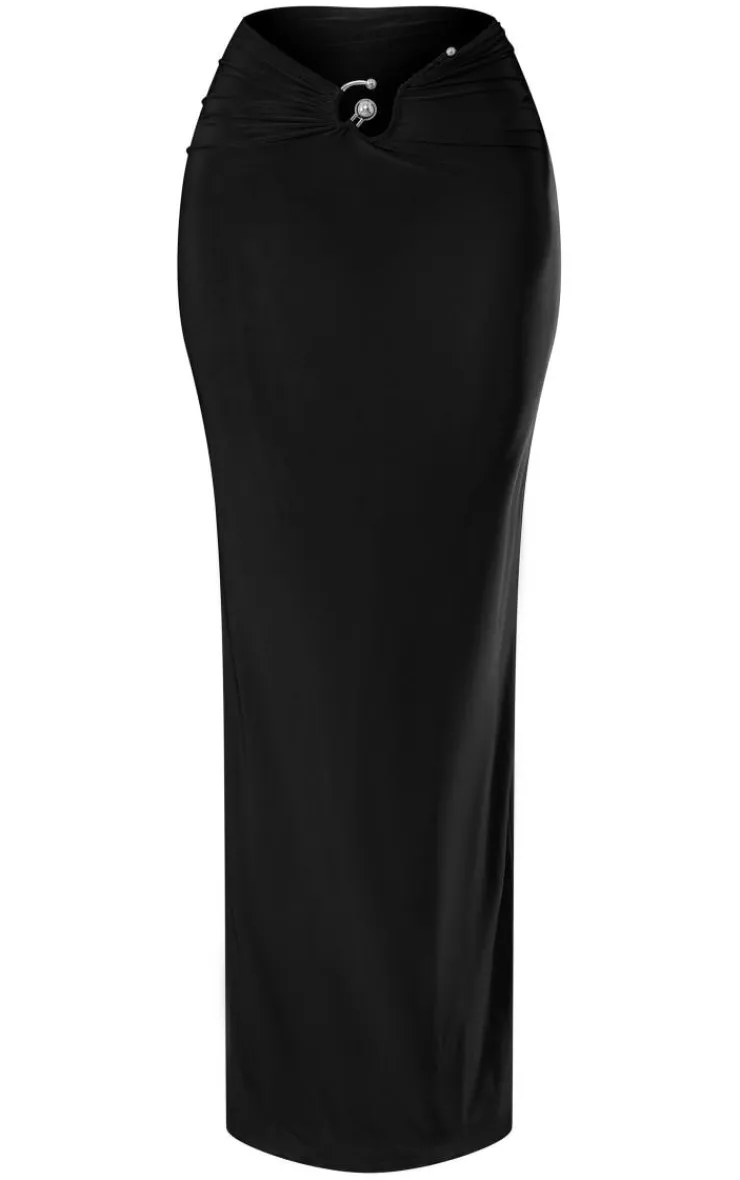 New PrettyLittleThing Petite Slinky Trim Detail Midaxi Skirt Black