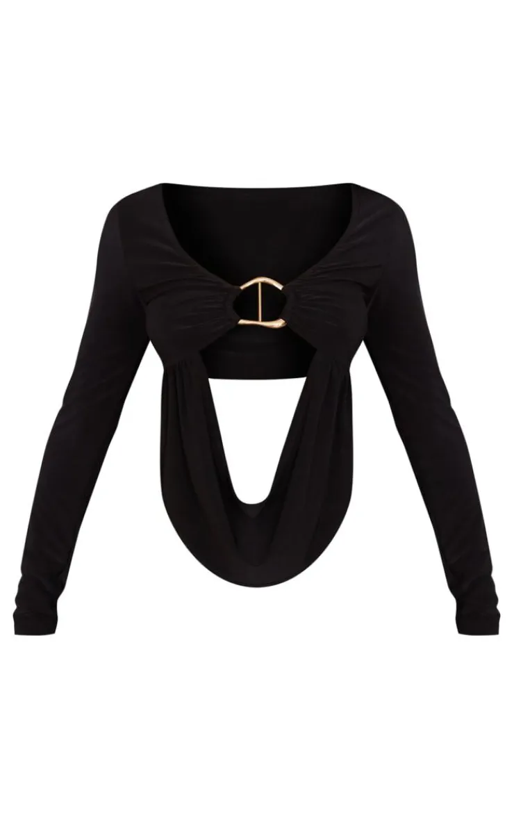 Online PrettyLittleThing Petite Slinky Trim Detail Drape Longsleeve Crop Top Black