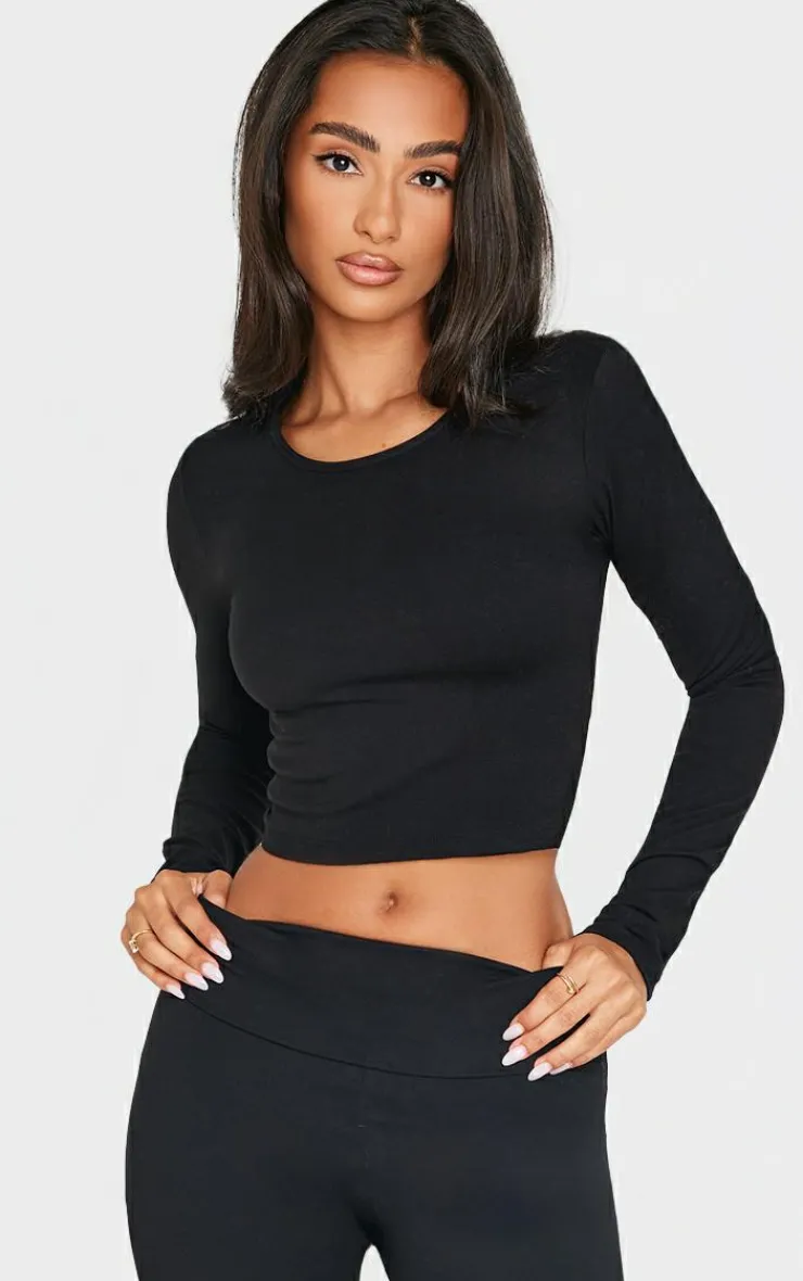 Discount PrettyLittleThing Petite Snatched Sculpt Long Sleeve Top Black