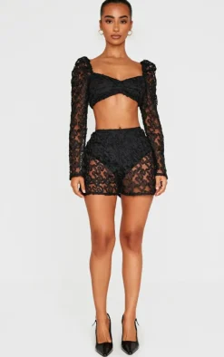 Outlet PrettyLittleThing Petite Textured Woven Shorts Black