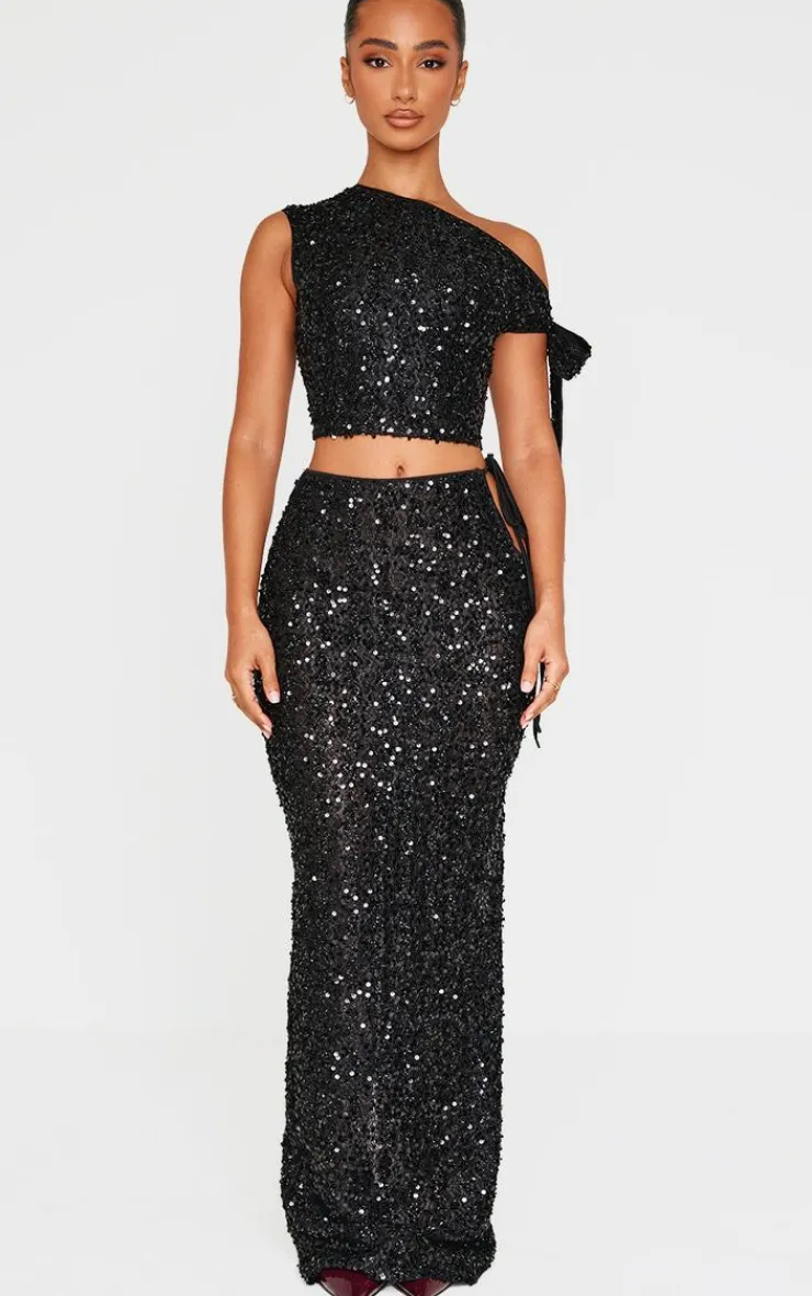 Discount PrettyLittleThing Petite Tie Detail Sequin Top Black