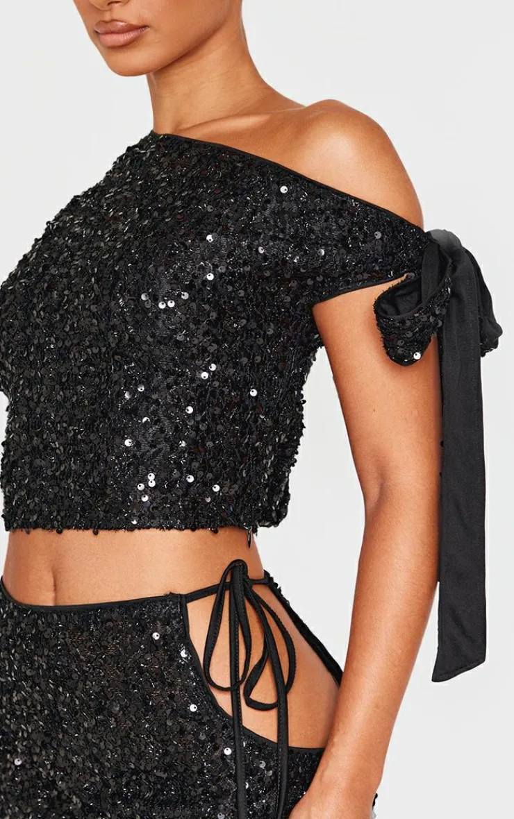 Discount PrettyLittleThing Petite Tie Detail Sequin Top Black
