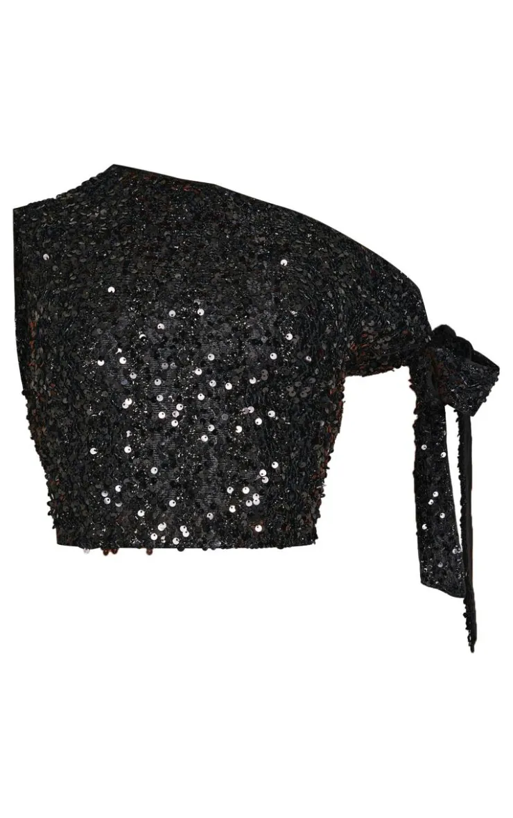 Discount PrettyLittleThing Petite Tie Detail Sequin Top Black