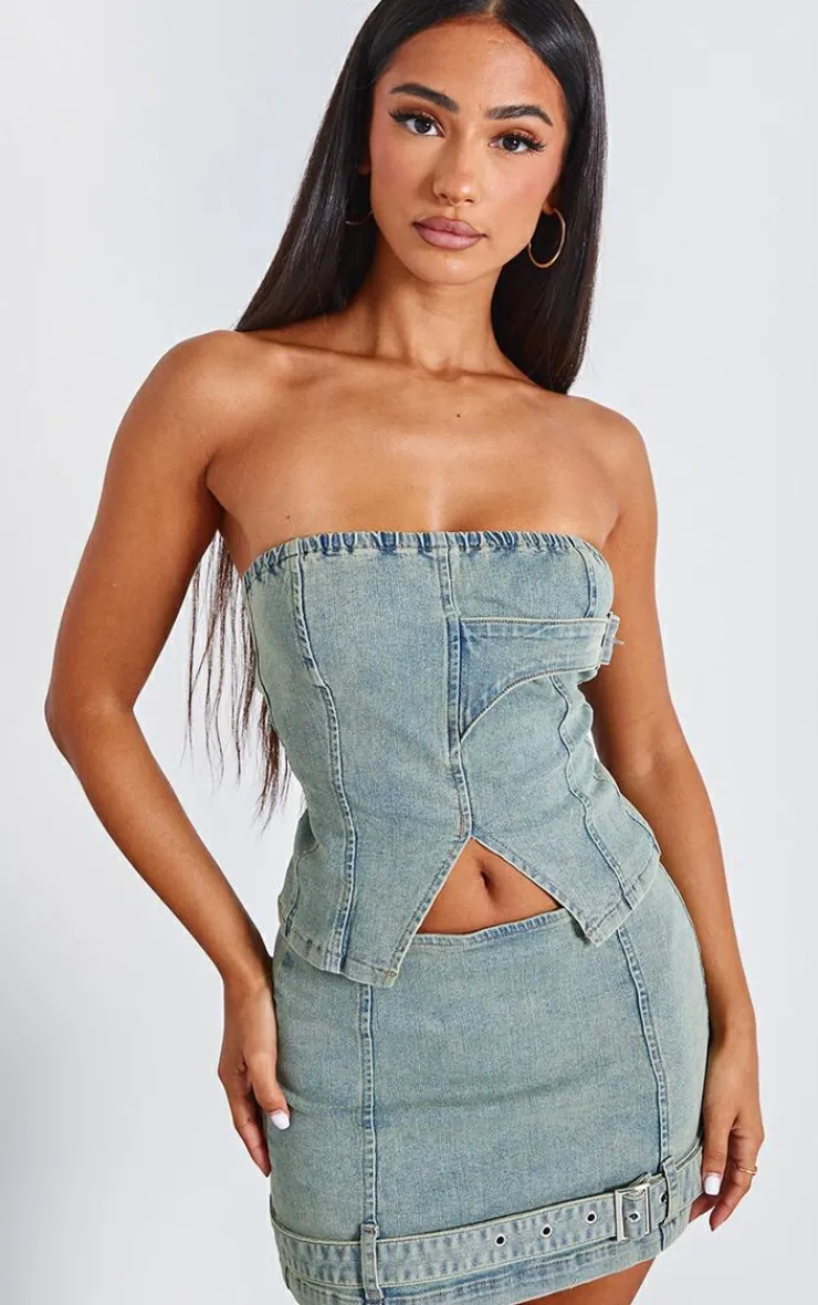 Online PrettyLittleThing Petite Denim Belted Micro Mini Skirt Bleach Wash