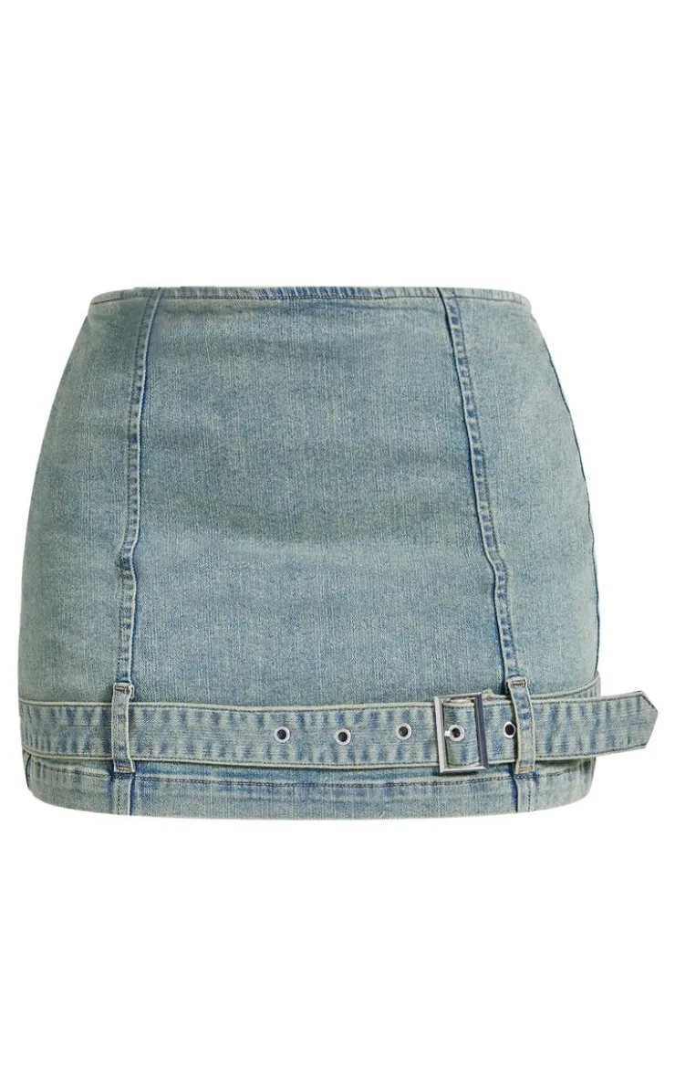 Online PrettyLittleThing Petite Denim Belted Micro Mini Skirt Bleach Wash