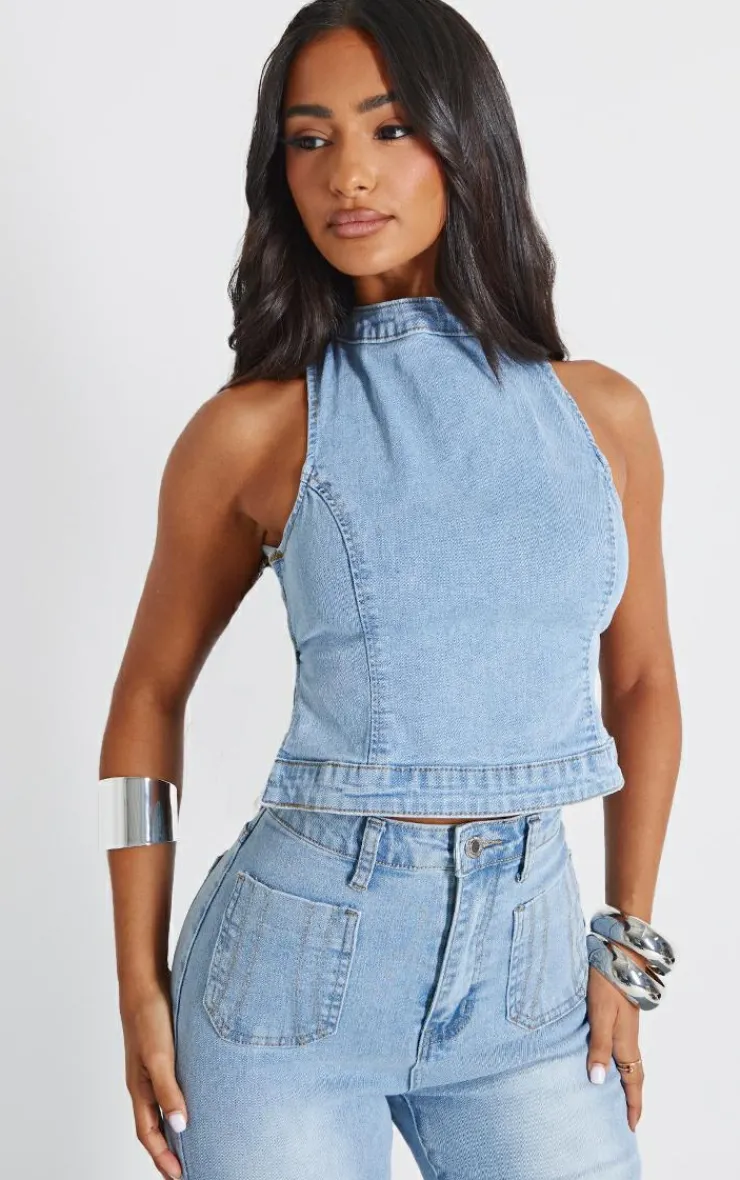 Outlet PrettyLittleThing Petite Denim Backless Top Bleach Wash
