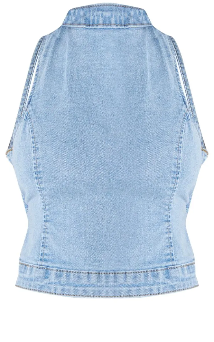 Outlet PrettyLittleThing Petite Denim Backless Top Bleach Wash