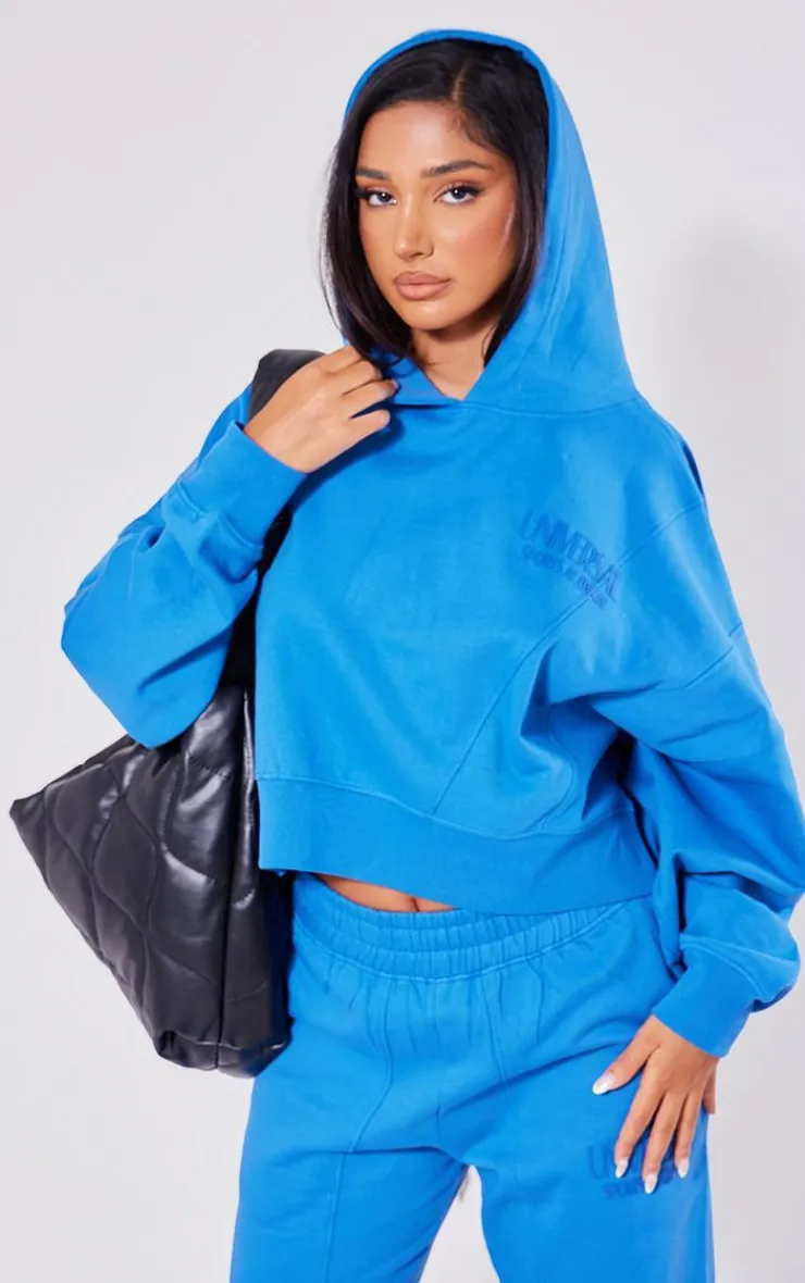 PrettyLittleThing Petite Premium Tonal Print Panelled Boxy Hoodie Blue
