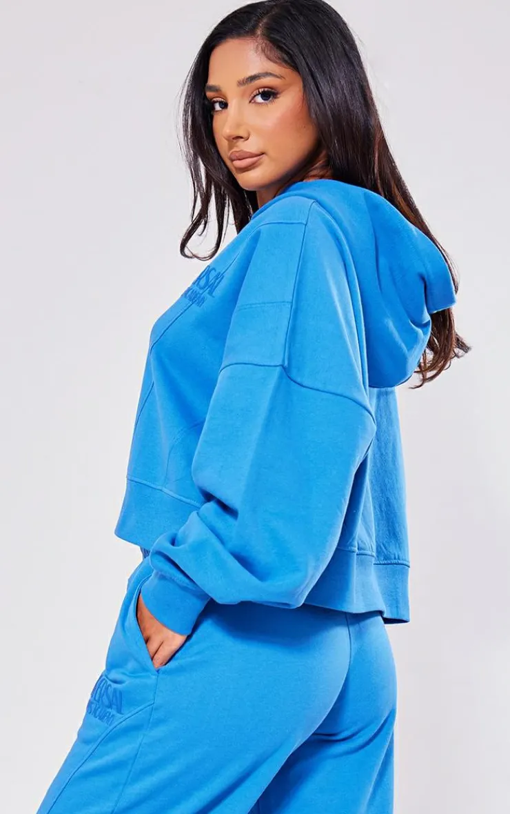 PrettyLittleThing Petite Premium Tonal Print Panelled Boxy Hoodie Blue
