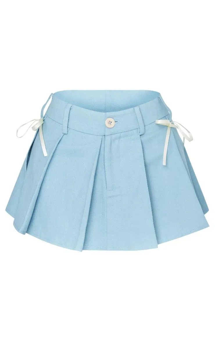 Discount PrettyLittleThing Petite Woven Pleated Mini Skirt With Bow Details Blue