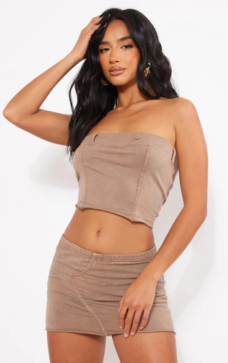 Hot PrettyLittleThing Petite Acid Wash Micro Mini Skirt Brown