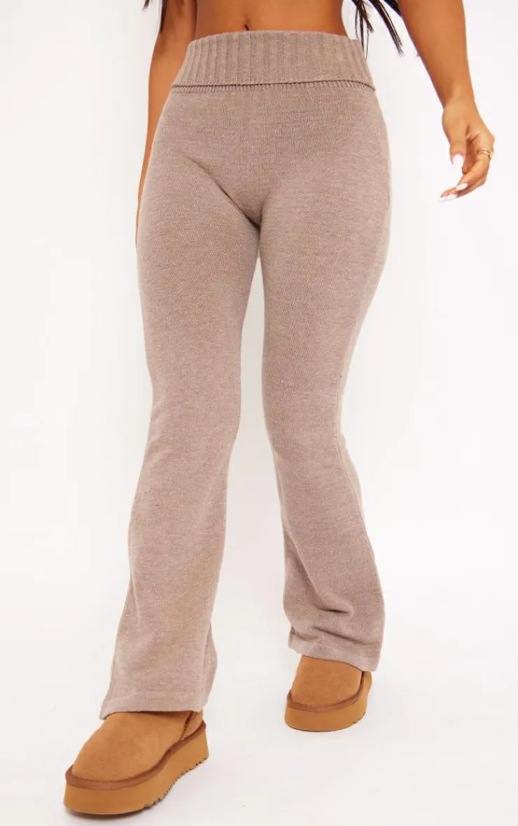 Outlet PrettyLittleThing Petite Knitted Fold Over Waist Flared Pants Brown