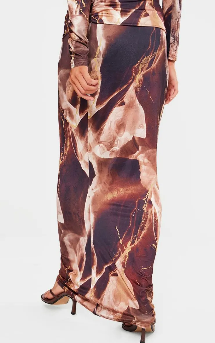 New PrettyLittleThing Petite Slinky Ruched Waistband Maxi Skirt Brown