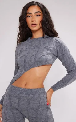 PrettyLittleThing Knitted Two Piece Sets*Petite Cable Knit Asymmetric Hem Sweater