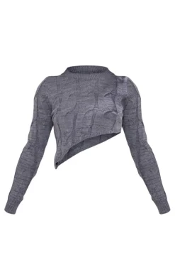PrettyLittleThing Knitted Two Piece Sets*Petite Cable Knit Asymmetric Hem Sweater