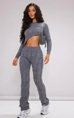 Best PrettyLittleThing Petite Cable Knit Detail Asymmetric Hem Sweater Charcoal