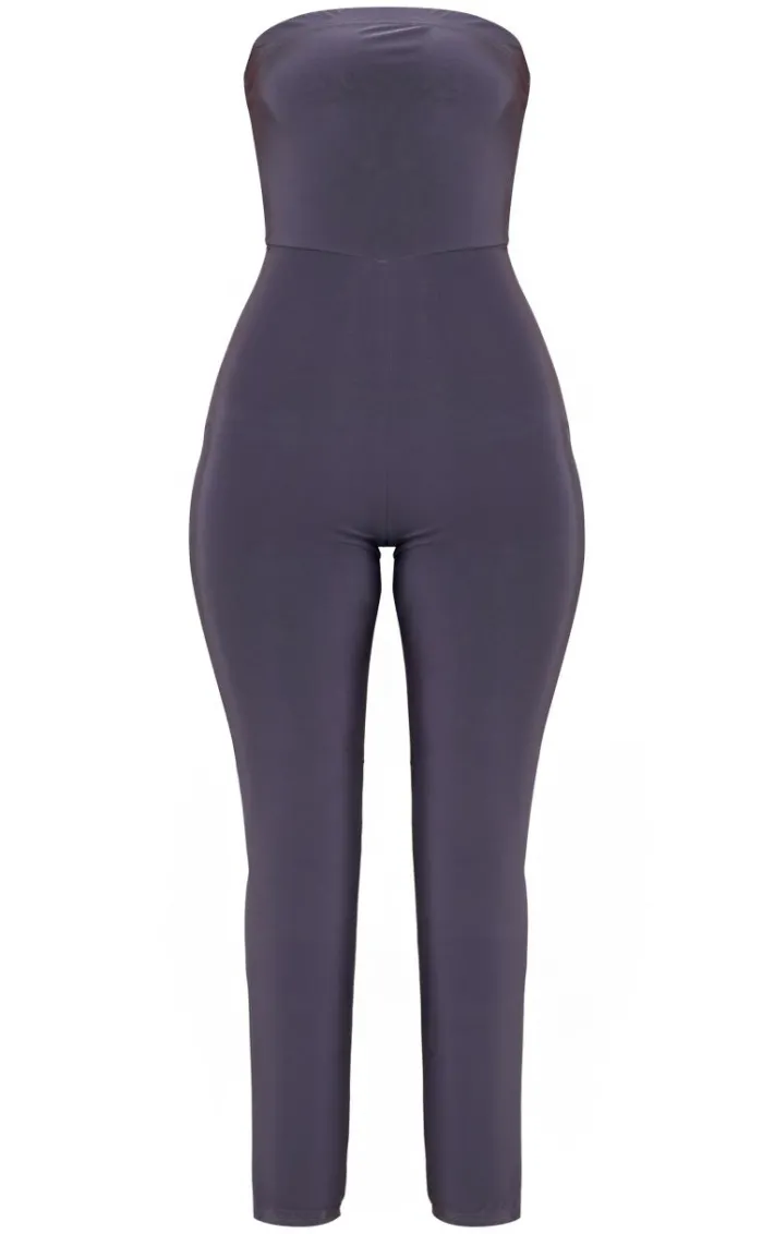 Petite Charcoal Double Layer Bandeau Straight Leg Jumpsuit