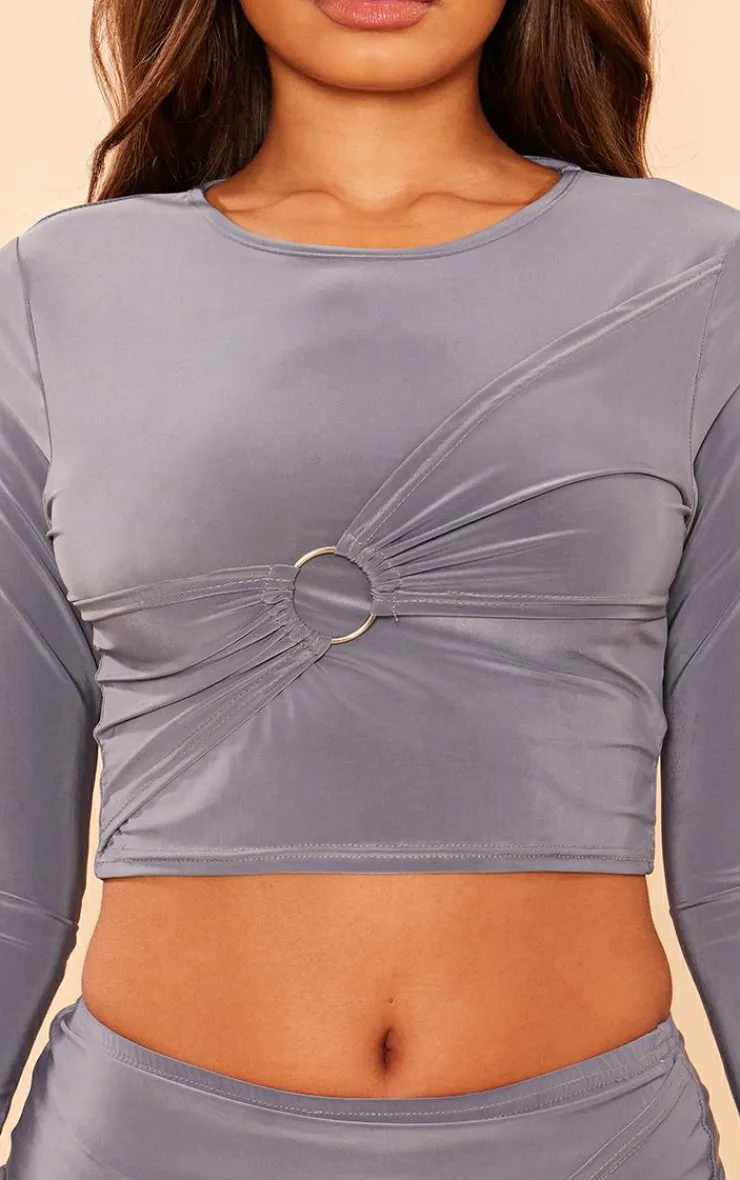 Clearance PrettyLittleThing Petite Long Sleeve Slinky Crop Top Charcoal