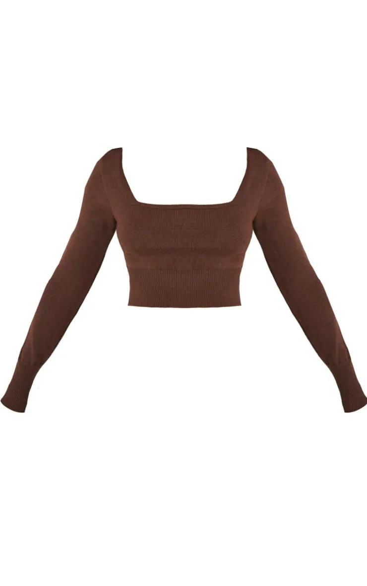 Outlet PrettyLittleThing Petite Knitted Long Sleeve Scoop Neck Crop Top Chocolate