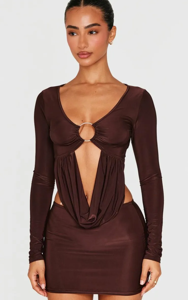 Outlet PrettyLittleThing Petite Slinky Low Rise Micro Mini Skirt Chocolate